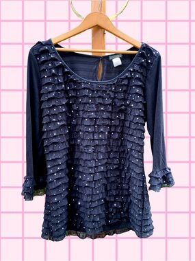 Y2K Black Ruffle Sparkle Top, 3/4 Sleeves - Size XL